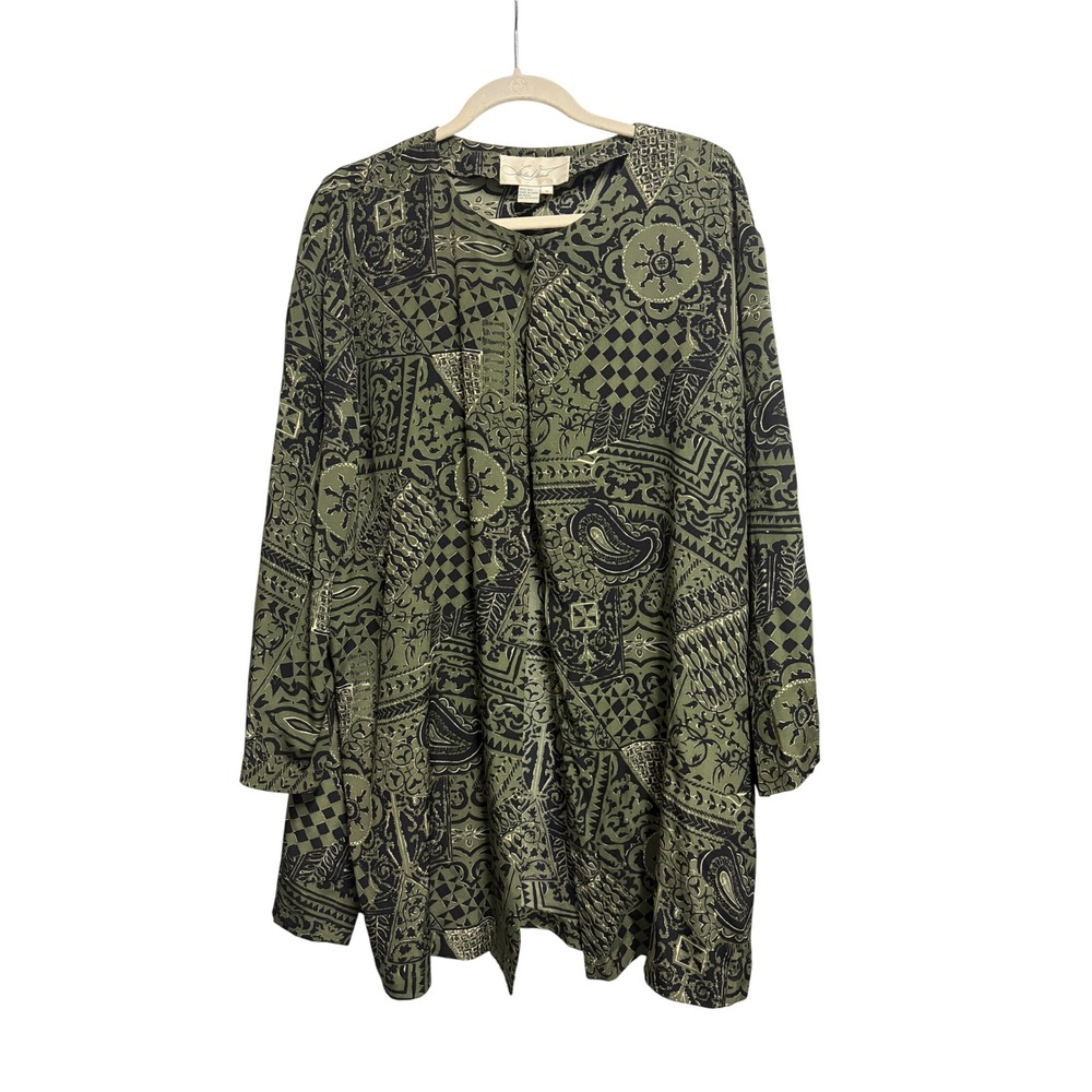 Linda Davis Vintage 100% Silk Abstract Green Tunic Top Long Sleeve Jacket 1X